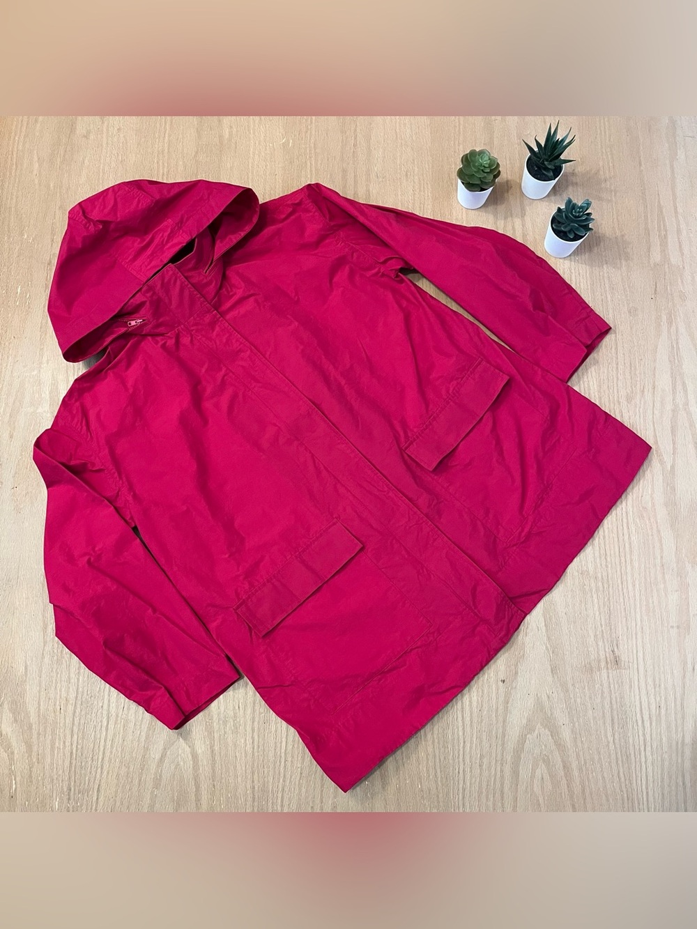 Eileen Fisher Light Cotton Nylon Stand Collar Raspberry Red Jacket